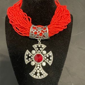 Orange beaded Choker Necklace with Large Silver Medallion Cross with red stone